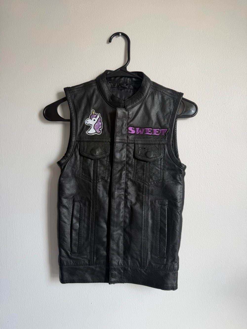 Girls' Black Faux Leather Vest with Purple 'Sweet' Patch
